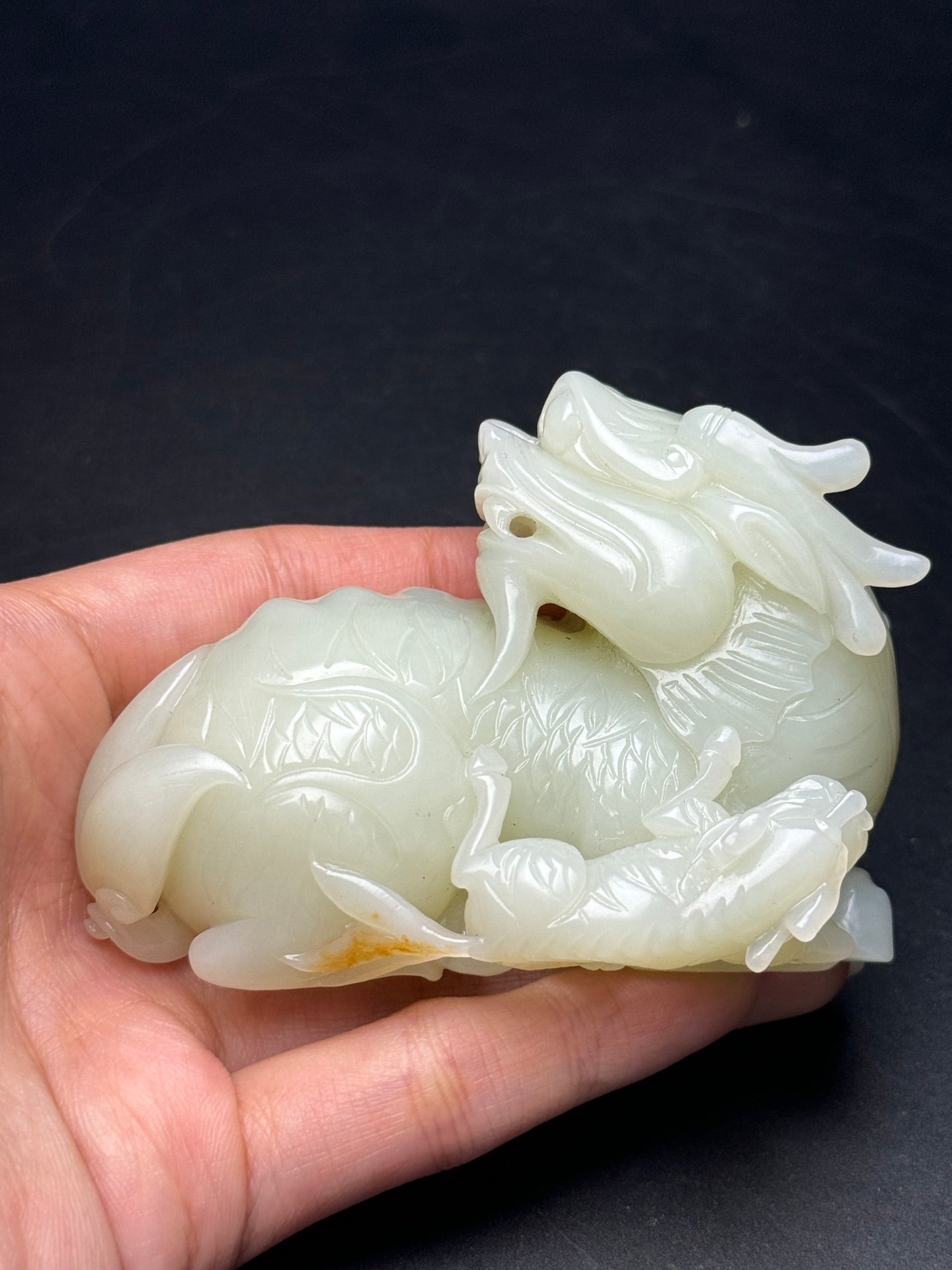 A0903 Superb Chinese White Hetian Jade Carved Fortune Kylin Statue