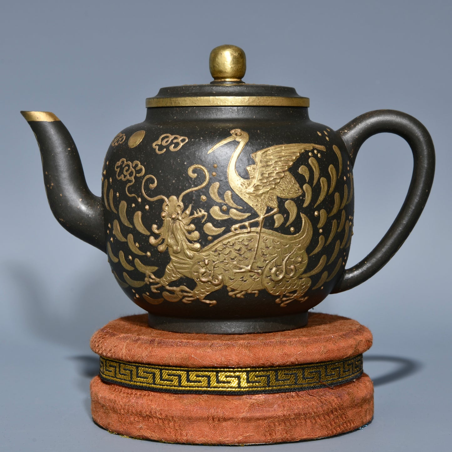 A0911 Chinese Gilt Gold Yixing Zisha Clay Dragon Turtle & Crane Teapot w Artist Signed