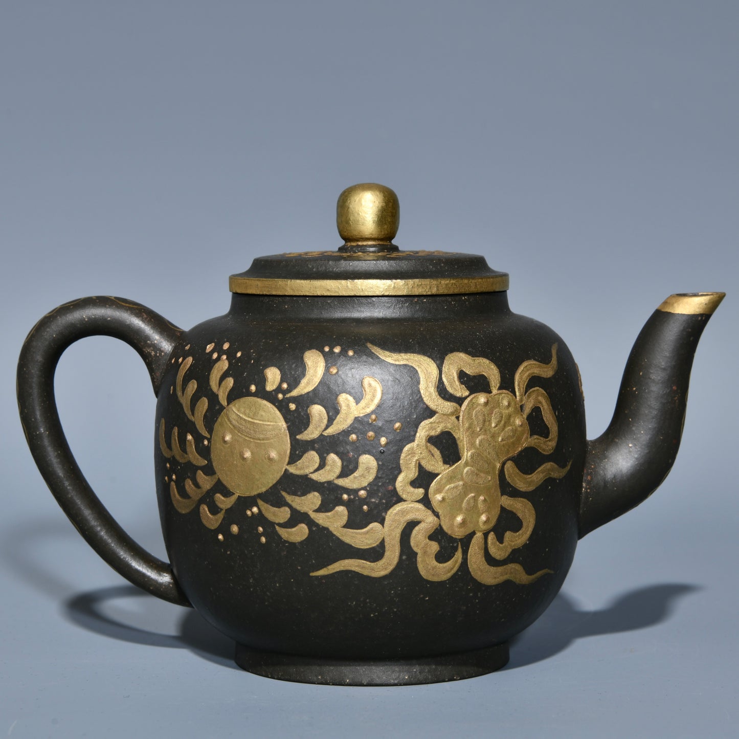 A0911 Chinese Gilt Gold Yixing Zisha Clay Dragon Turtle & Crane Teapot w Artist Signed
