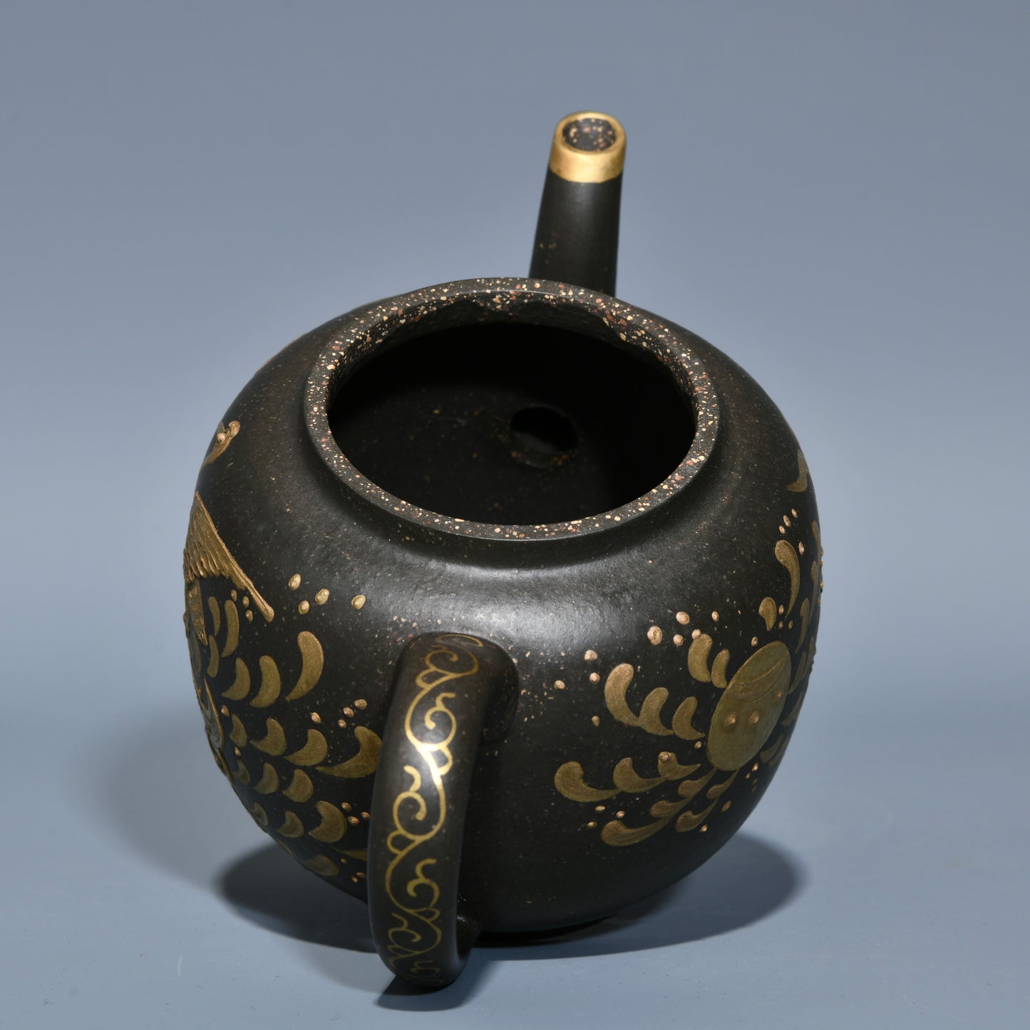 A0911 Chinese Gilt Gold Yixing Zisha Clay Dragon Turtle & Crane Teapot w Artist Signed