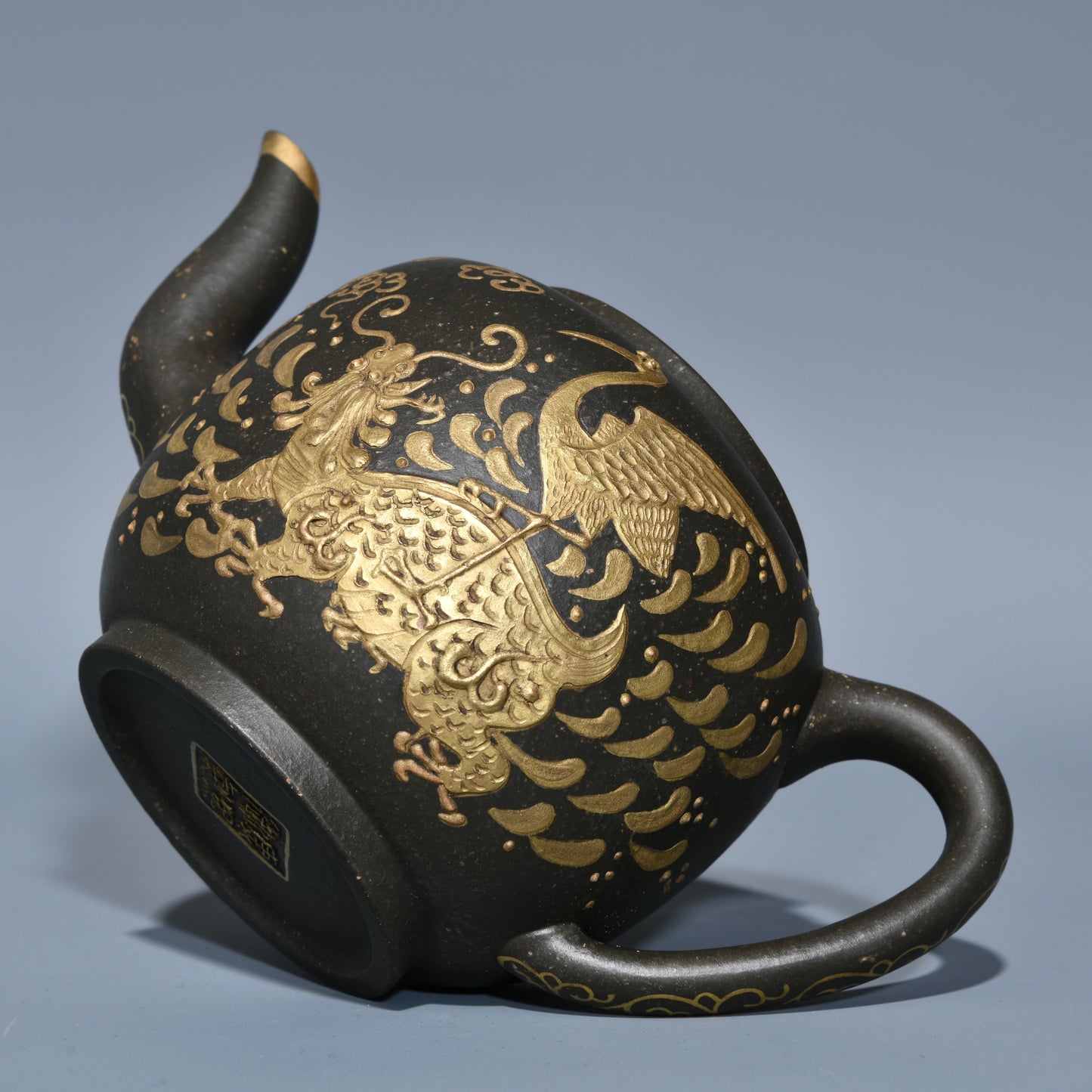 A0911 Chinese Gilt Gold Yixing Zisha Clay Dragon Turtle & Crane Teapot w Artist Signed