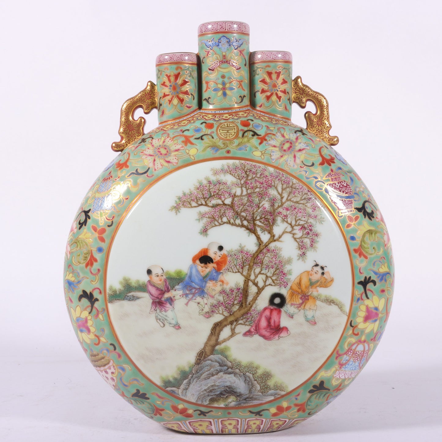 A0912 Chinese Qing Dynasty Gilt Edge Famille Rose Urchin Design Porcelain Vase