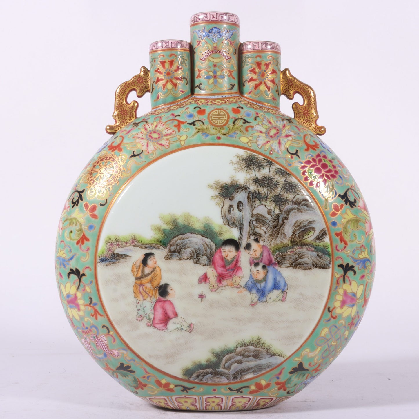 A0912 Chinese Qing Dynasty Gilt Edge Famille Rose Urchin Design Porcelain Vase