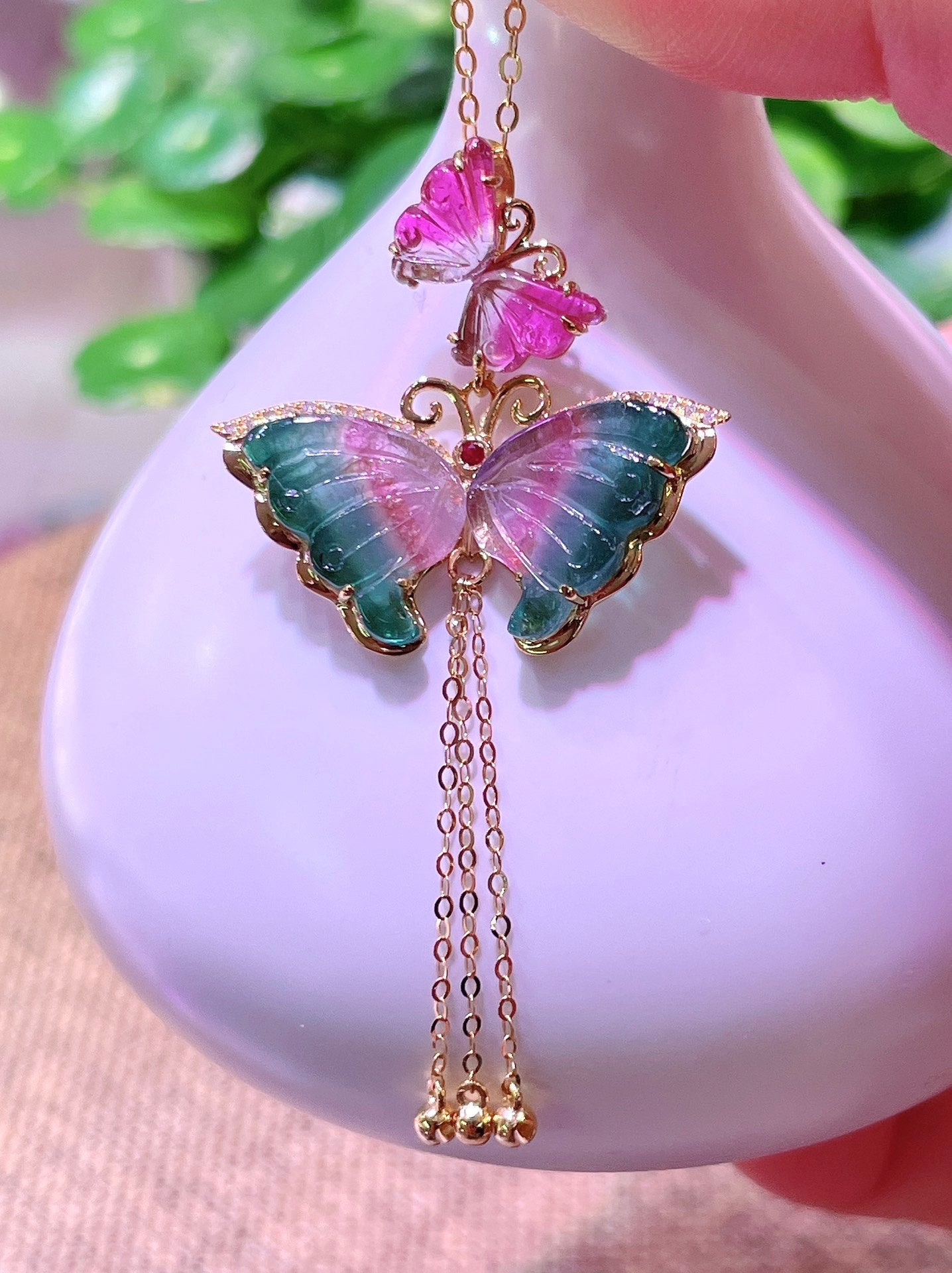 A0913 Exquisite 18K Gold Inlay Tourmaline Butterfly Pendant