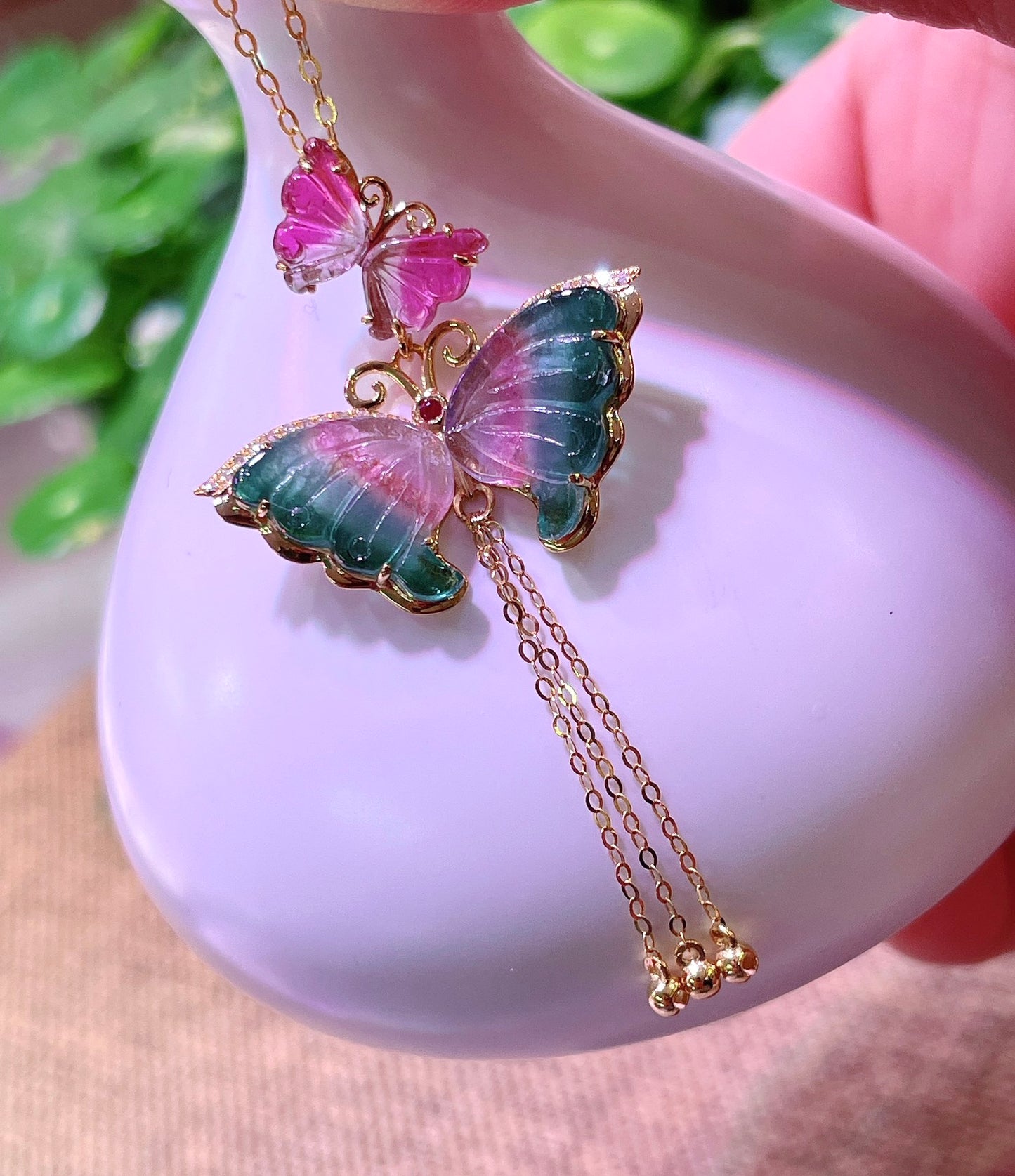 A0913 Exquisite 18K Gold Inlay Tourmaline Butterfly Pendant