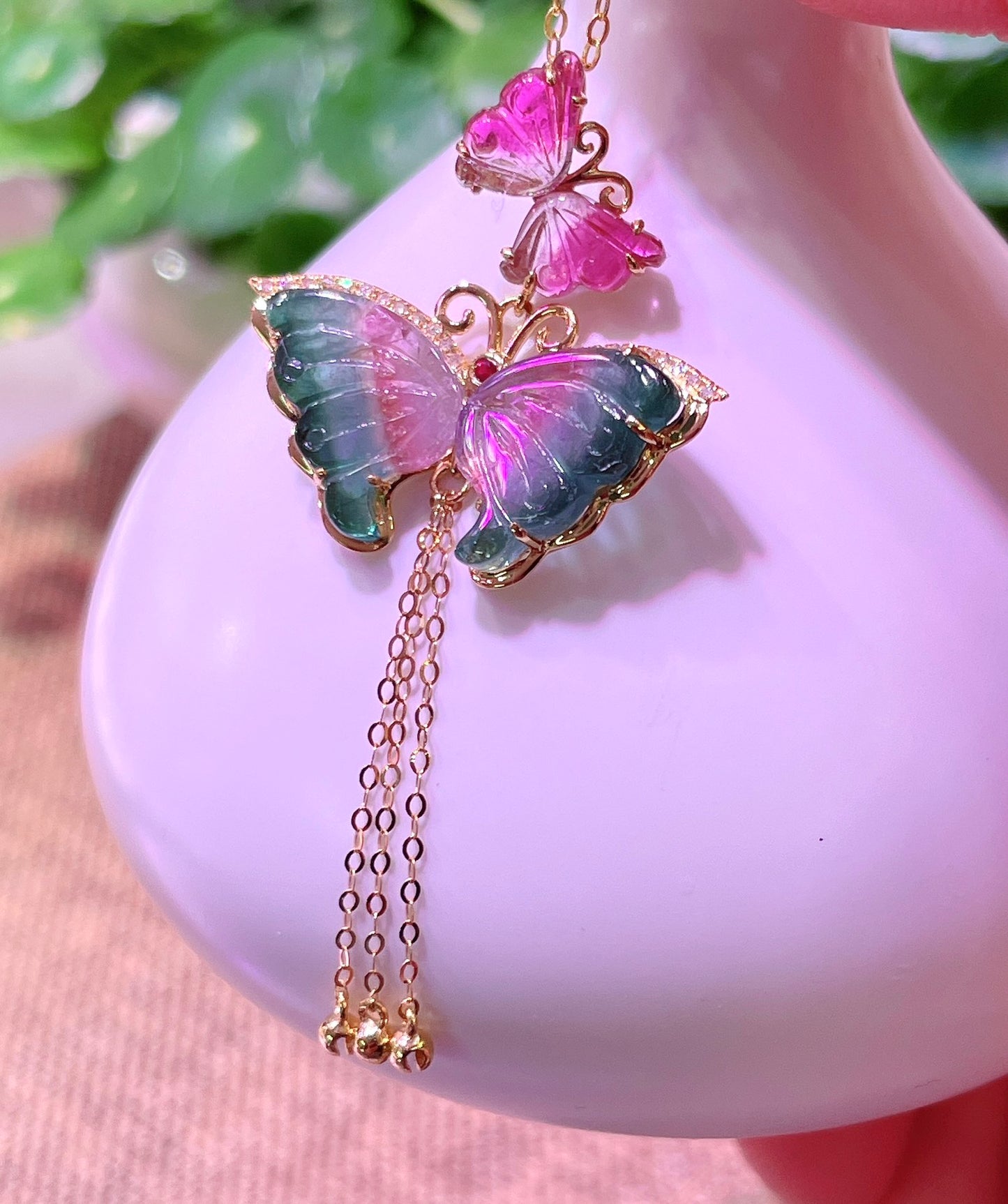 A0913 Exquisite 18K Gold Inlay Tourmaline Butterfly Pendant