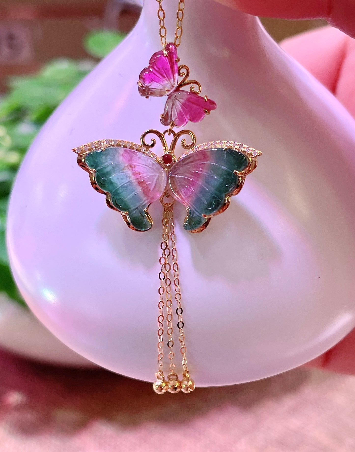 A0913 Exquisite 18K Gold Inlay Tourmaline Butterfly Pendant