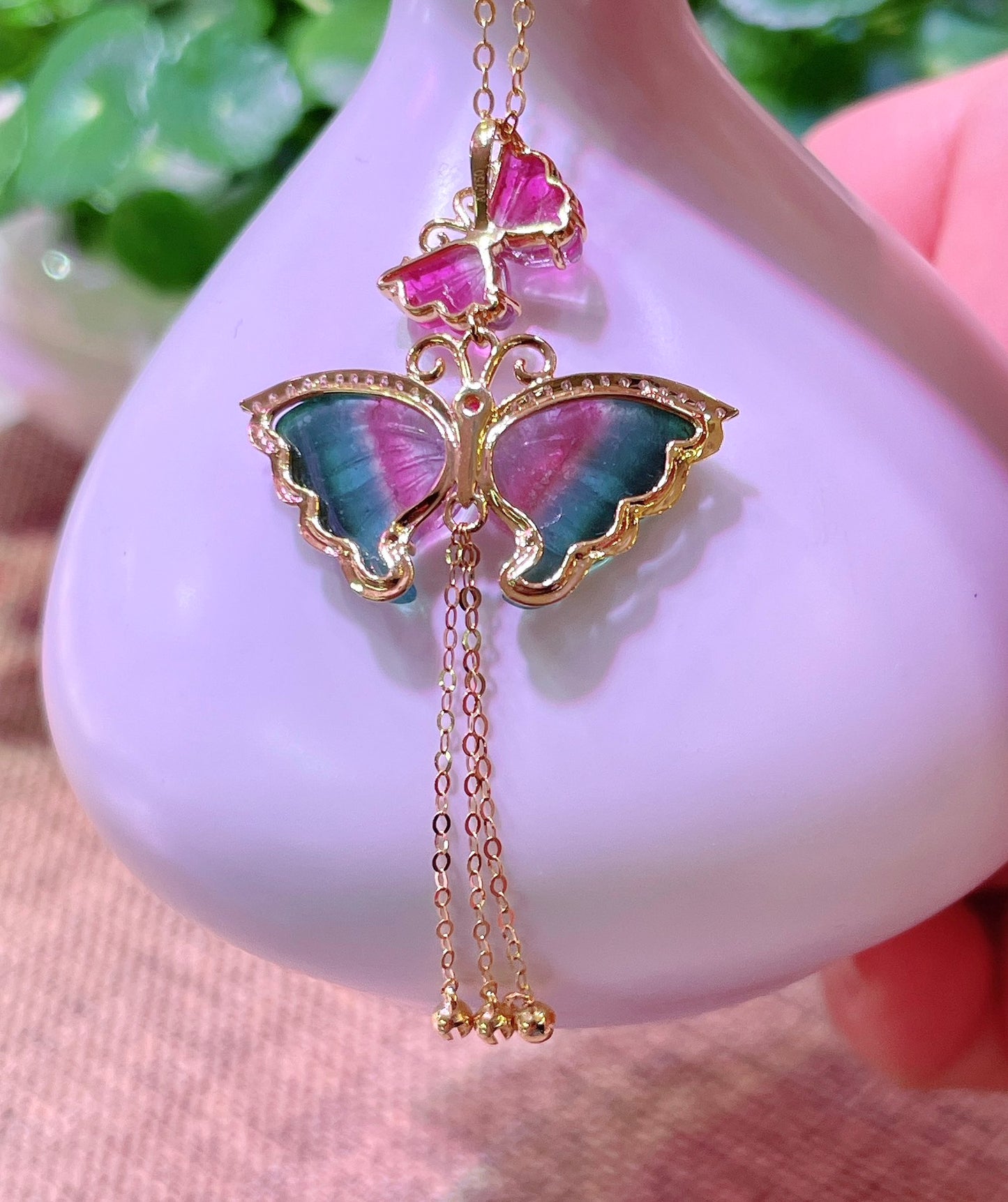 A0913 Exquisite 18K Gold Inlay Tourmaline Butterfly Pendant