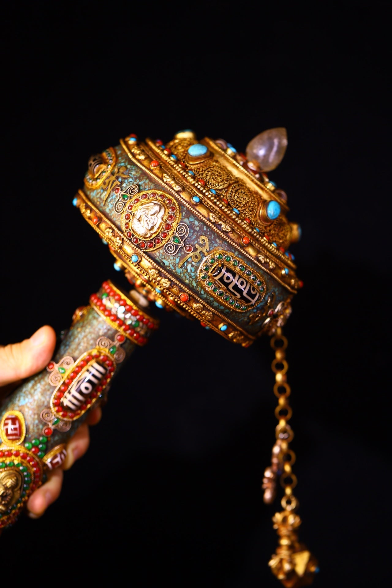 A0915 Tibetan Buddhism Gilt Gold Copper Inlay DZI Agate & Gems Prayer Wheel