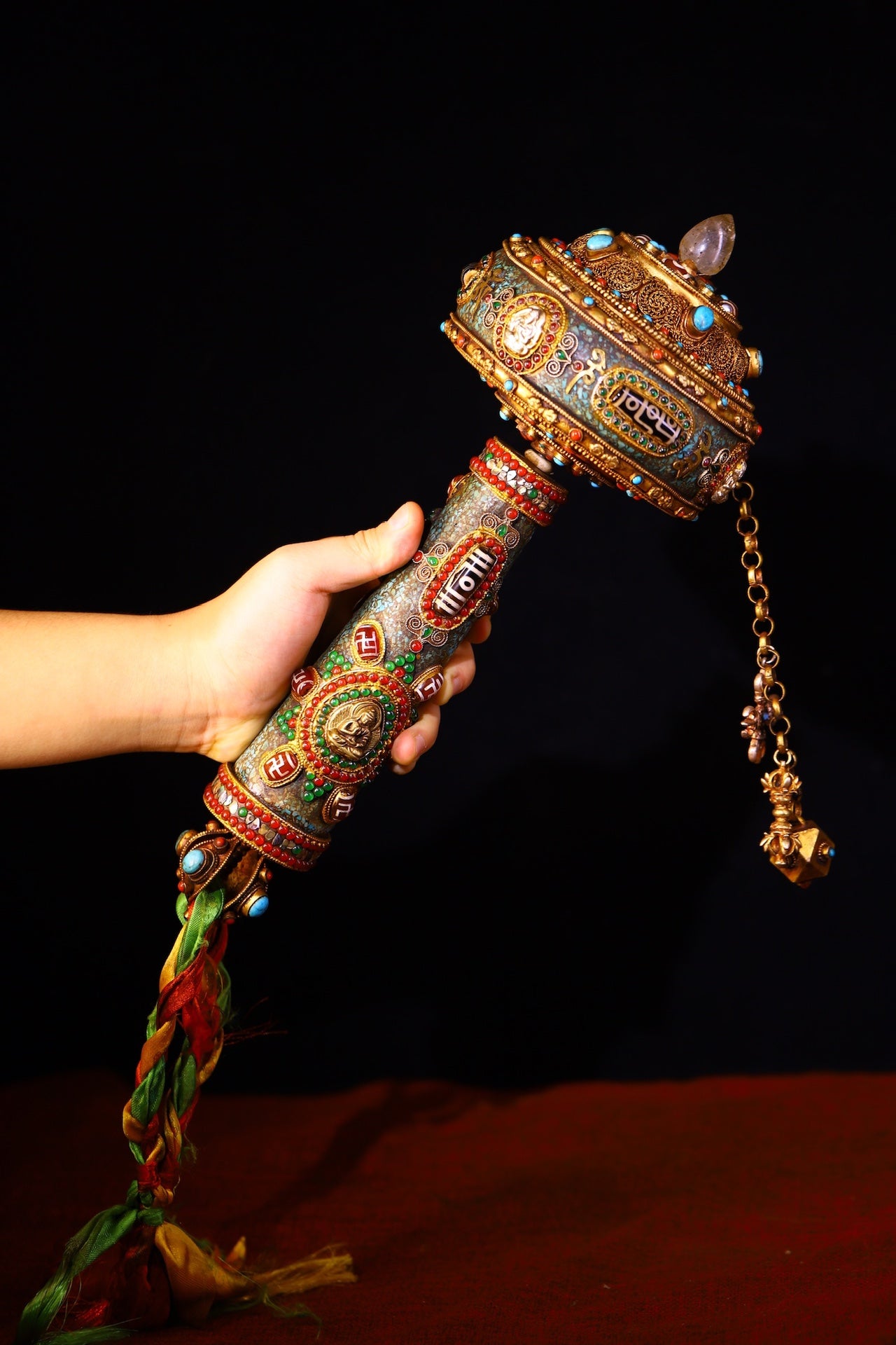 A0915 Tibetan Buddhism Gilt Gold Copper Inlay DZI Agate & Gems Prayer Wheel