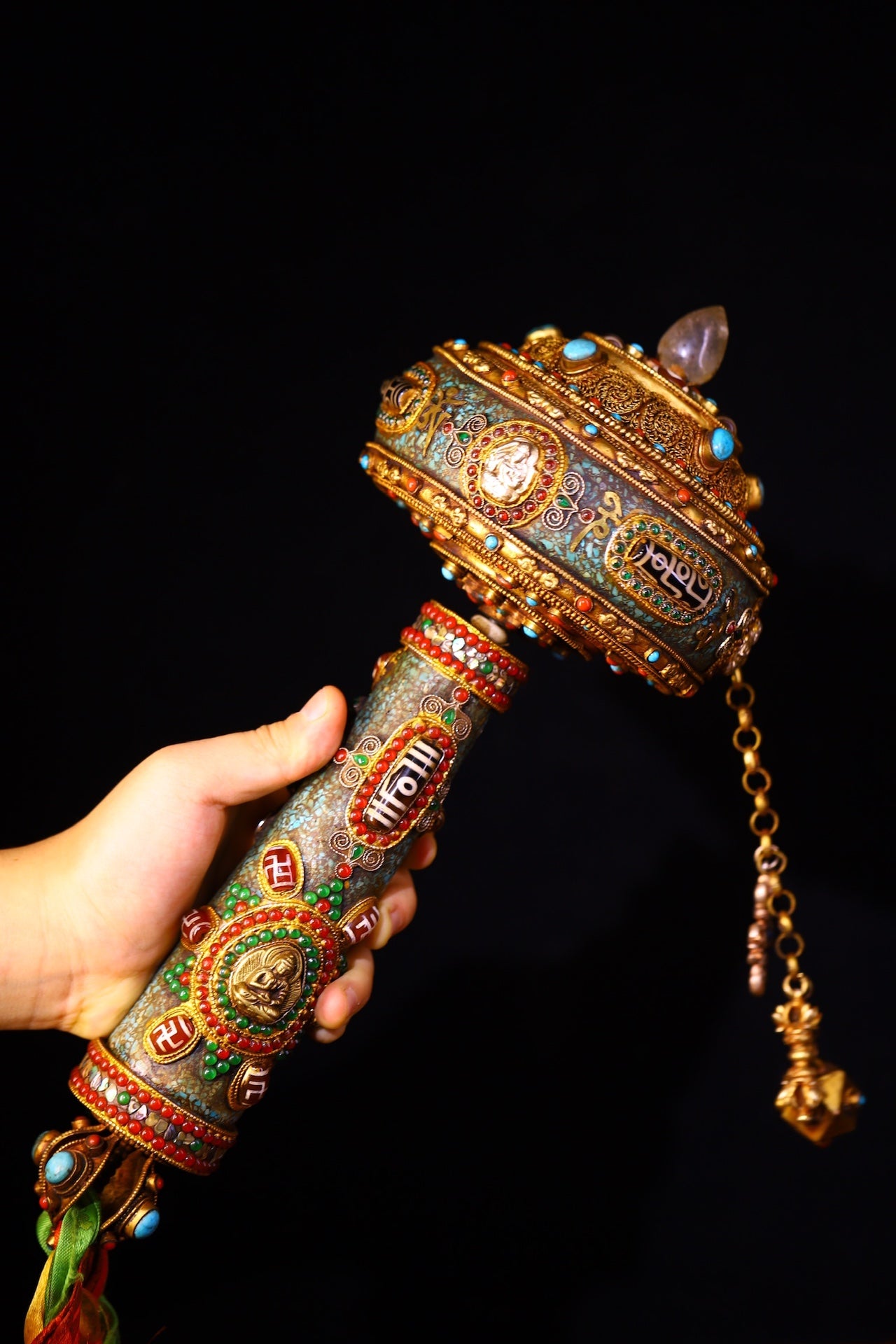 A0915 Tibetan Buddhism Gilt Gold Copper Inlay DZI Agate & Gems Prayer Wheel