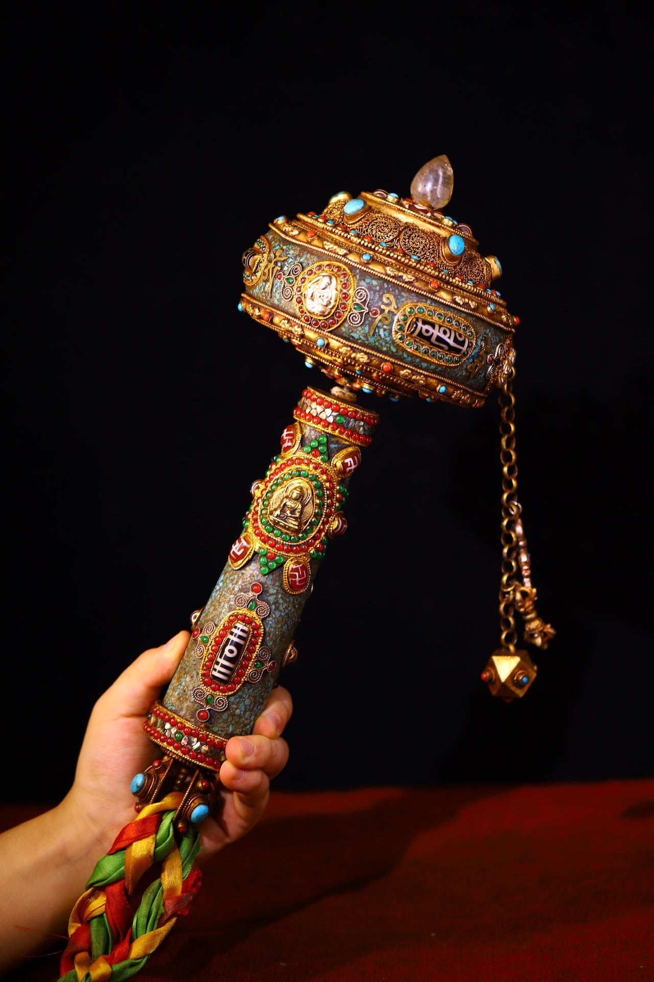 A0915 Tibetan Buddhism Gilt Gold Copper Inlay DZI Agate & Gems Prayer Wheel