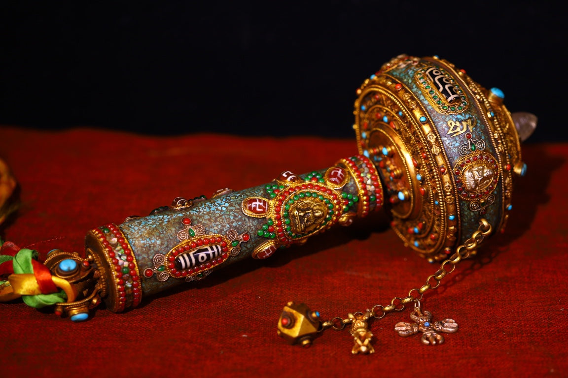 A0915 Tibetan Buddhism Gilt Gold Copper Inlay DZI Agate & Gems Prayer Wheel