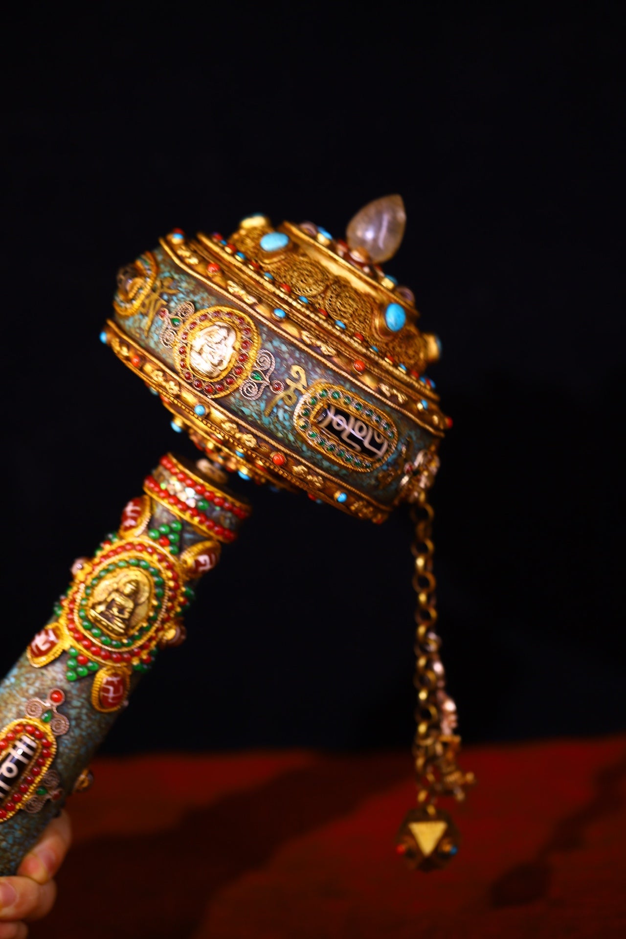 A0915 Tibetan Buddhism Gilt Gold Copper Inlay DZI Agate & Gems Prayer Wheel