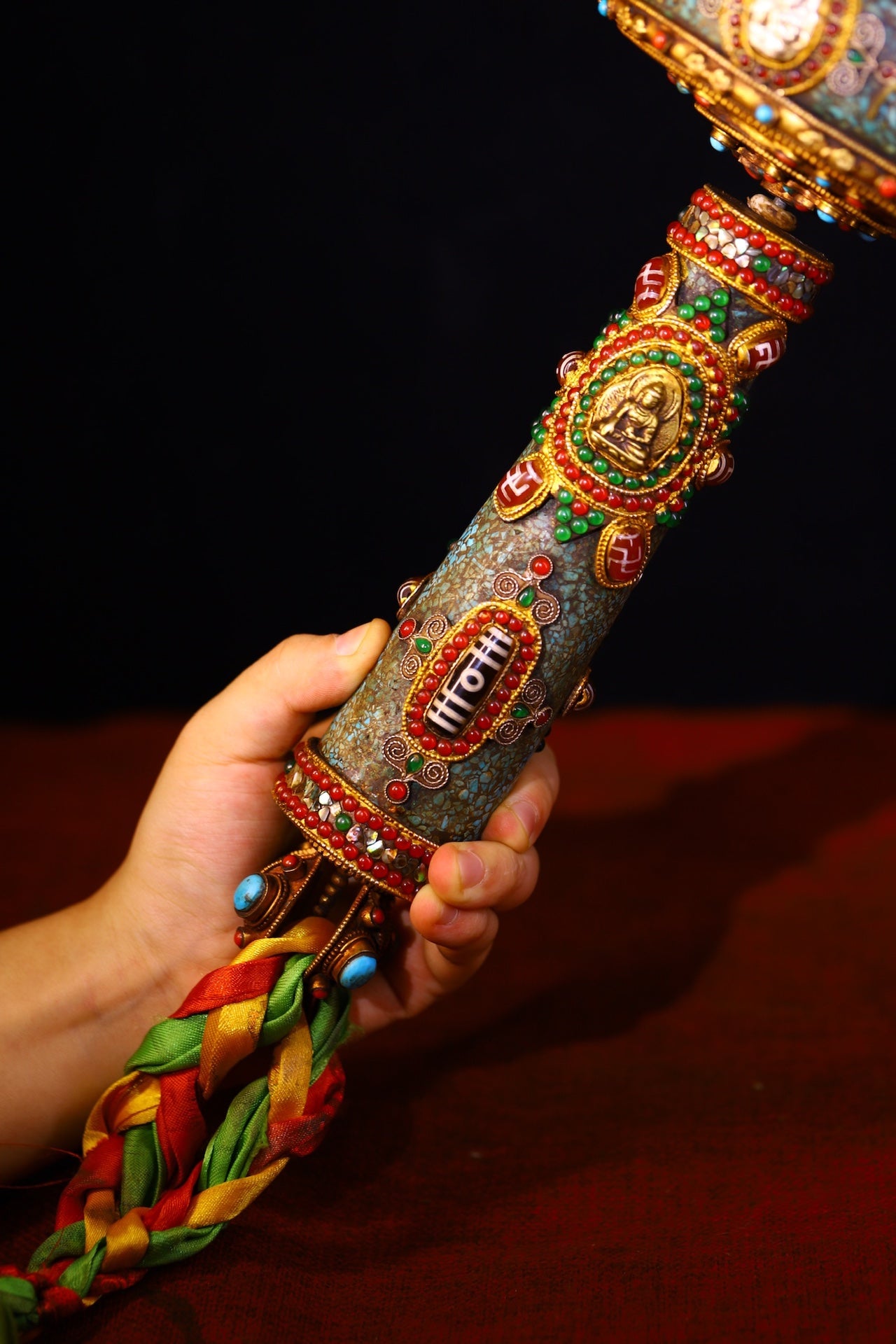 A0915 Tibetan Buddhism Gilt Gold Copper Inlay DZI Agate & Gems Prayer Wheel