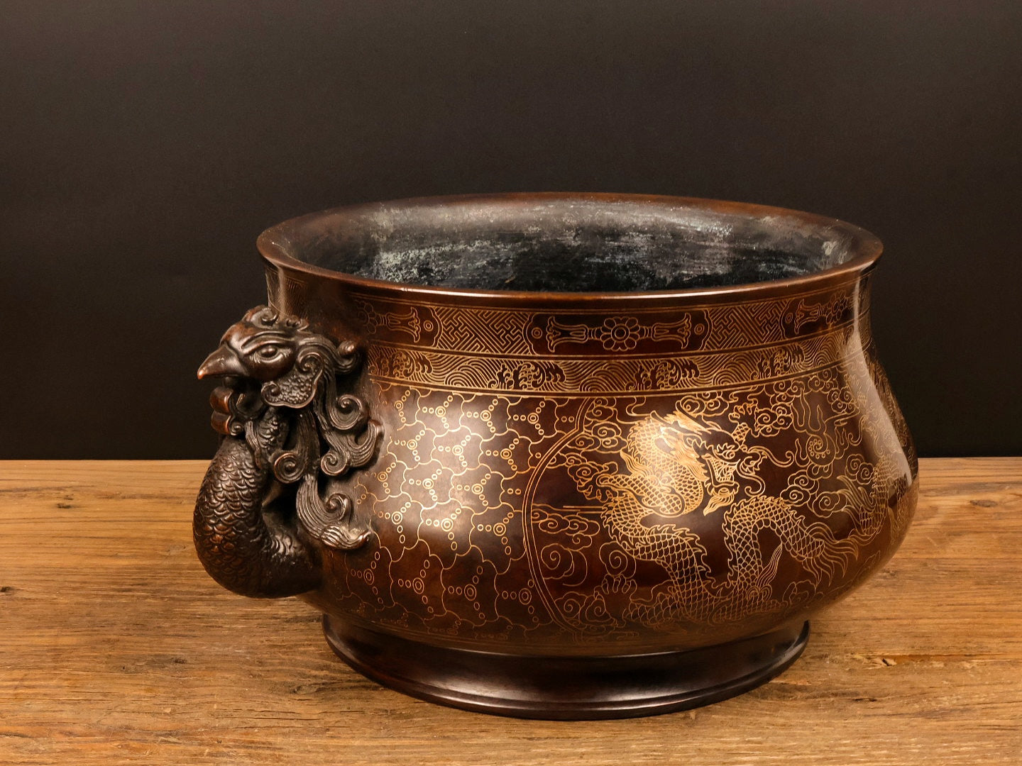A0919 Vintage Chinese Copper Inlay Silver Wires Double Ears Phoenix Incense Burner