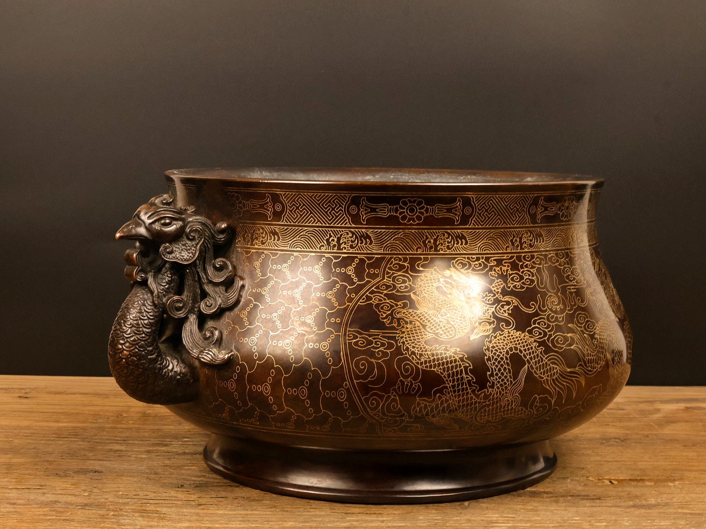 A0919 Vintage Chinese Copper Inlay Silver Wires Double Ears Phoenix Incense Burner