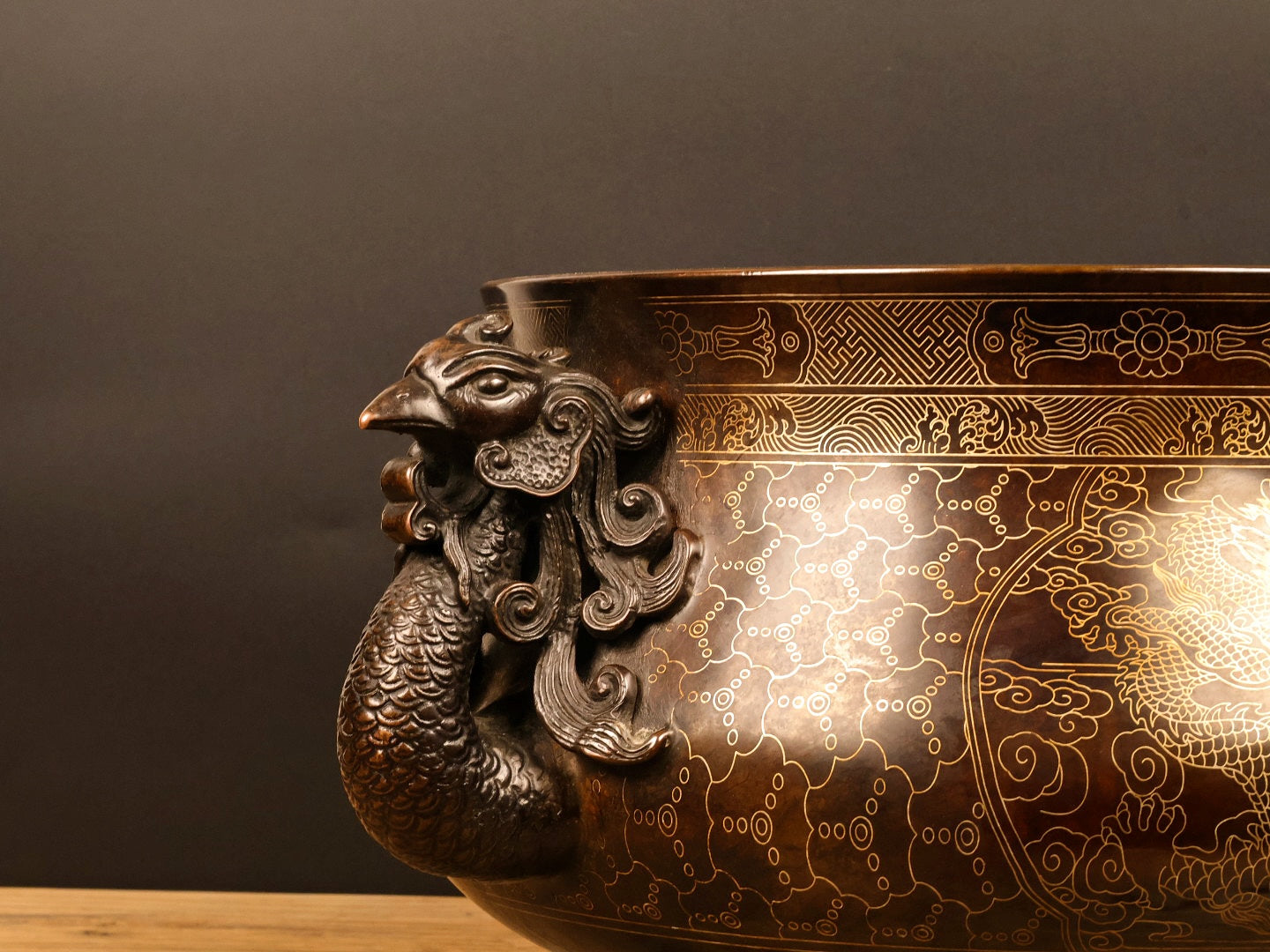 A0919 Vintage Chinese Copper Inlay Silver Wires Double Ears Phoenix Incense Burner