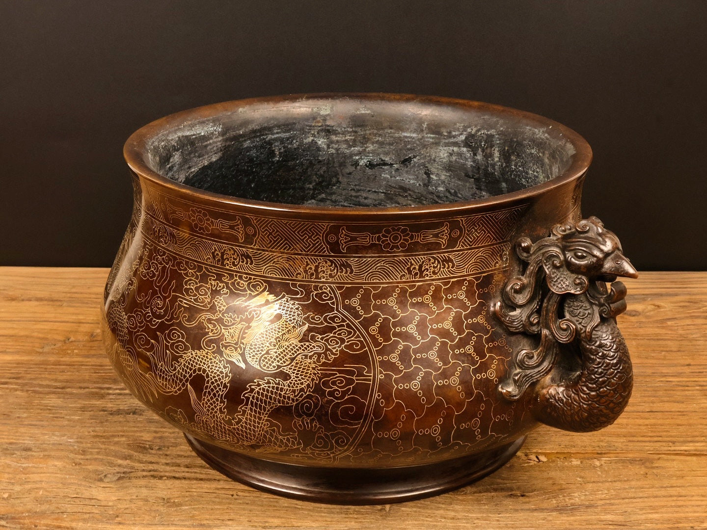A0919 Vintage Chinese Copper Inlay Silver Wires Double Ears Phoenix Incense Burner