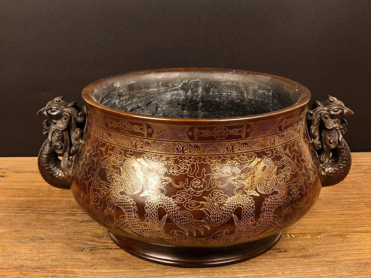 A0919 Vintage Chinese Copper Inlay Silver Wires Double Ears Phoenix Incense Burner