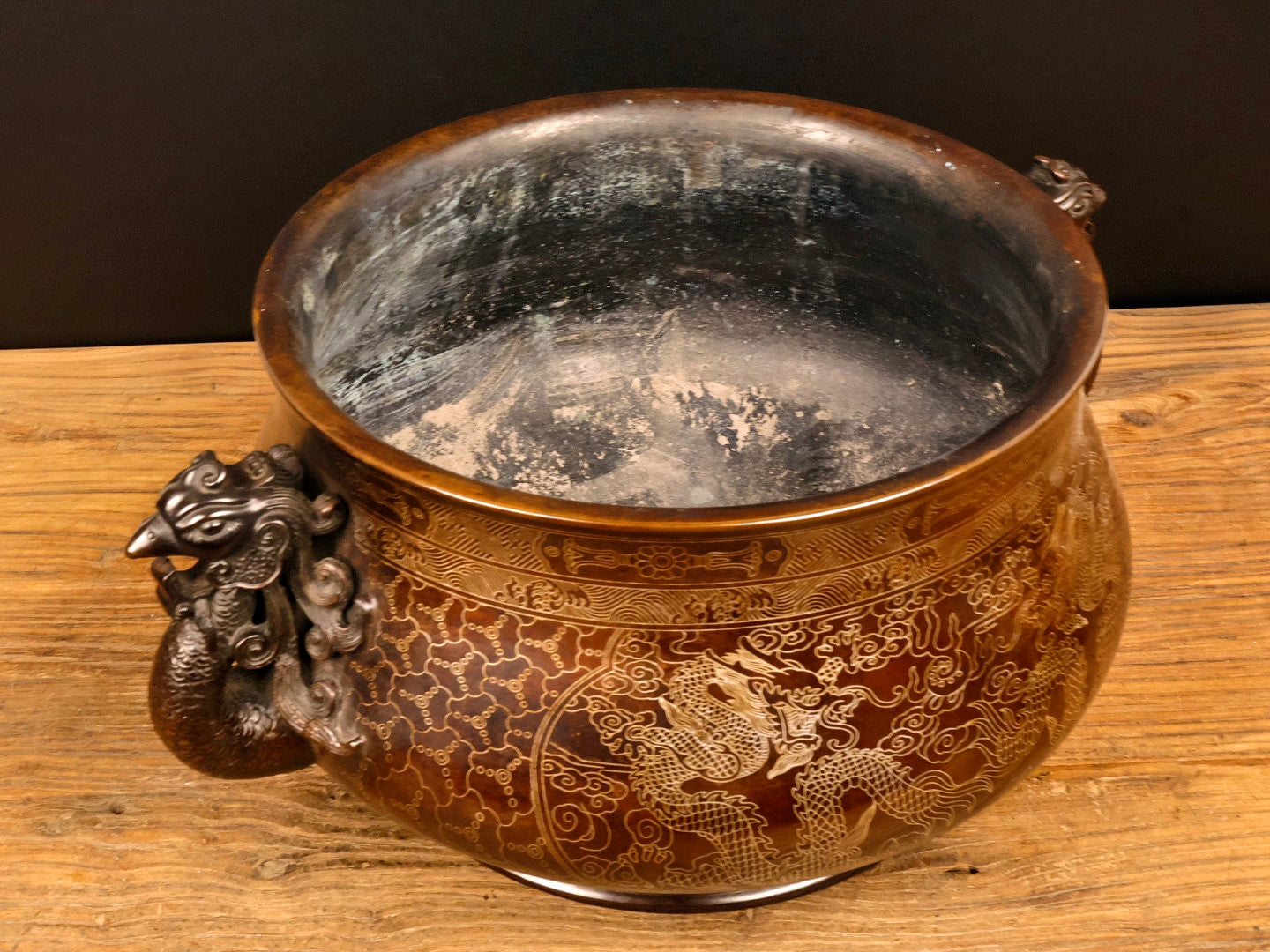 A0919 Vintage Chinese Copper Inlay Silver Wires Double Ears Phoenix Incense Burner