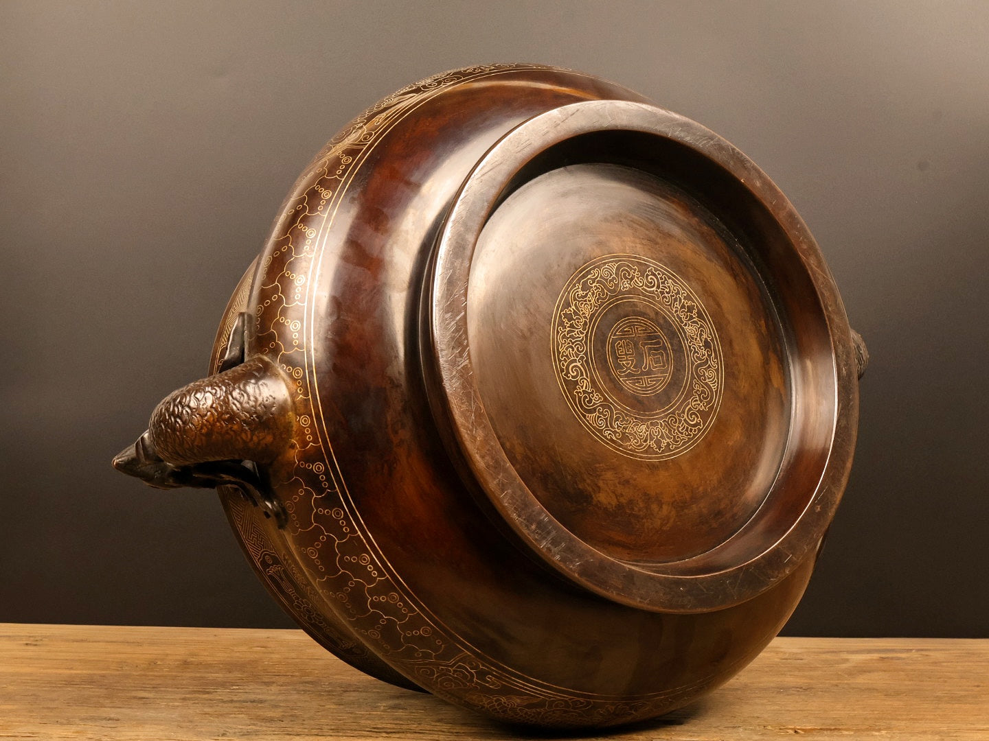 A0919 Vintage Chinese Copper Inlay Silver Wires Double Ears Phoenix Incense Burner