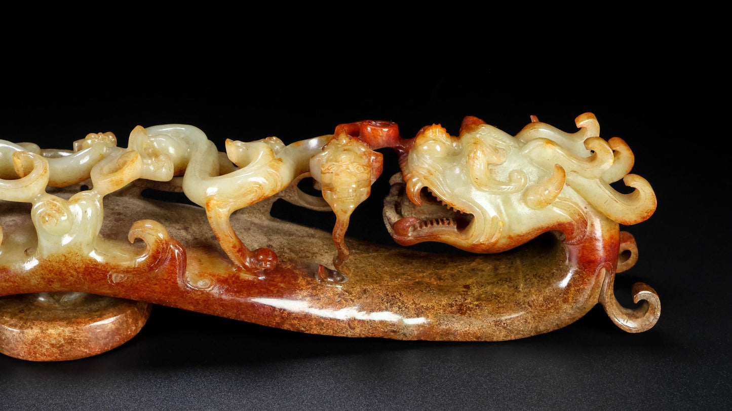 A0920 Superb Old Chinese Hetian Jade High Relief Dragon Statue