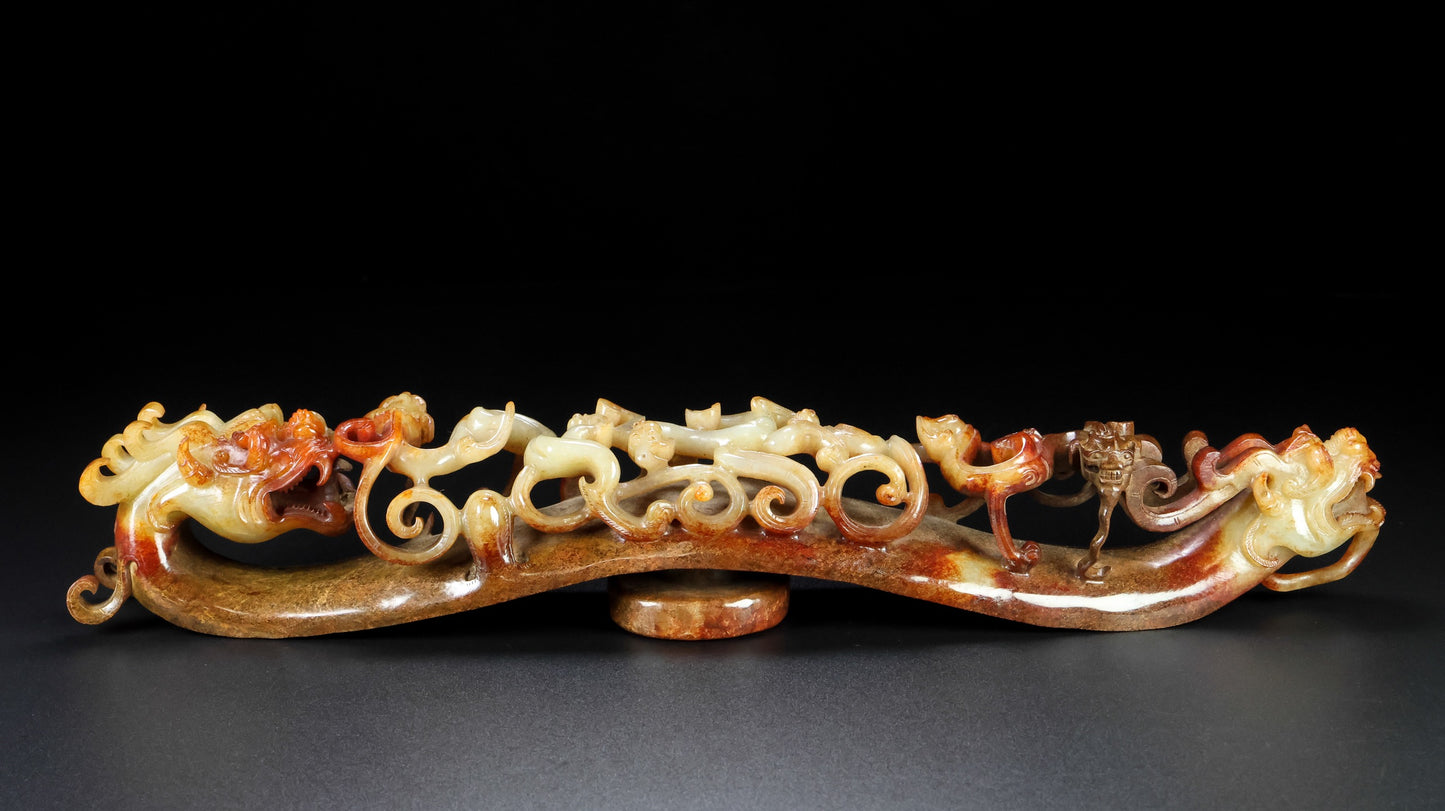 A0920 Superb Old Chinese Hetian Jade High Relief Dragon Statue