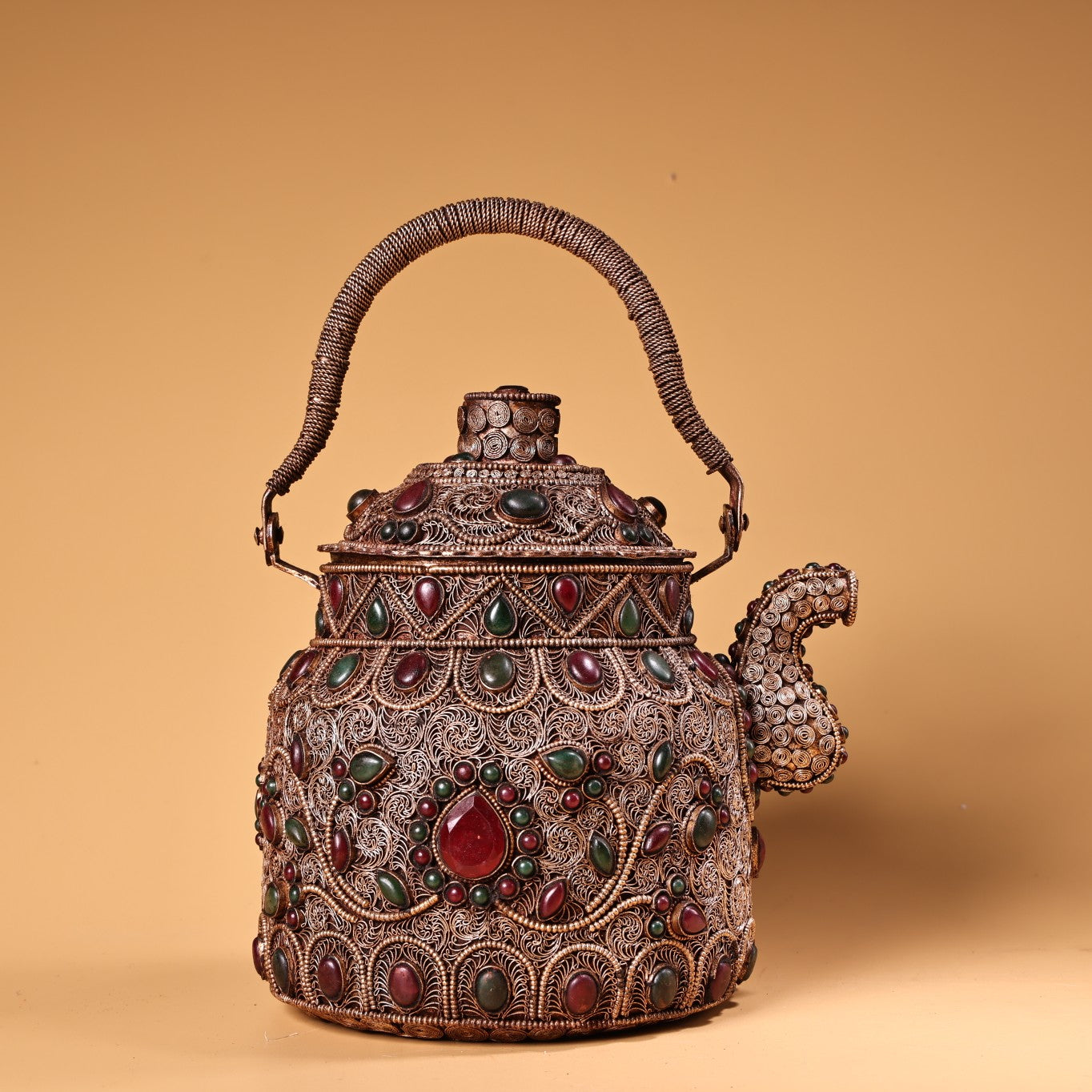A0922 Tibetan Silver Wires Inlay Gems Handle Teapot