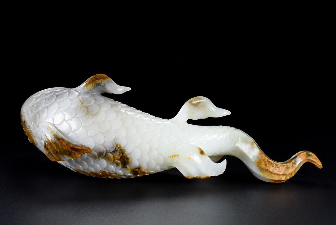A0924 Superb Chinese Hetian Jade Carved Fish Statue