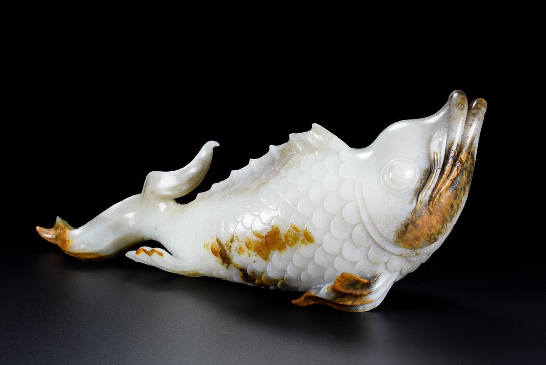 A0924 Superb Chinese Hetian Jade Carved Fish Statue