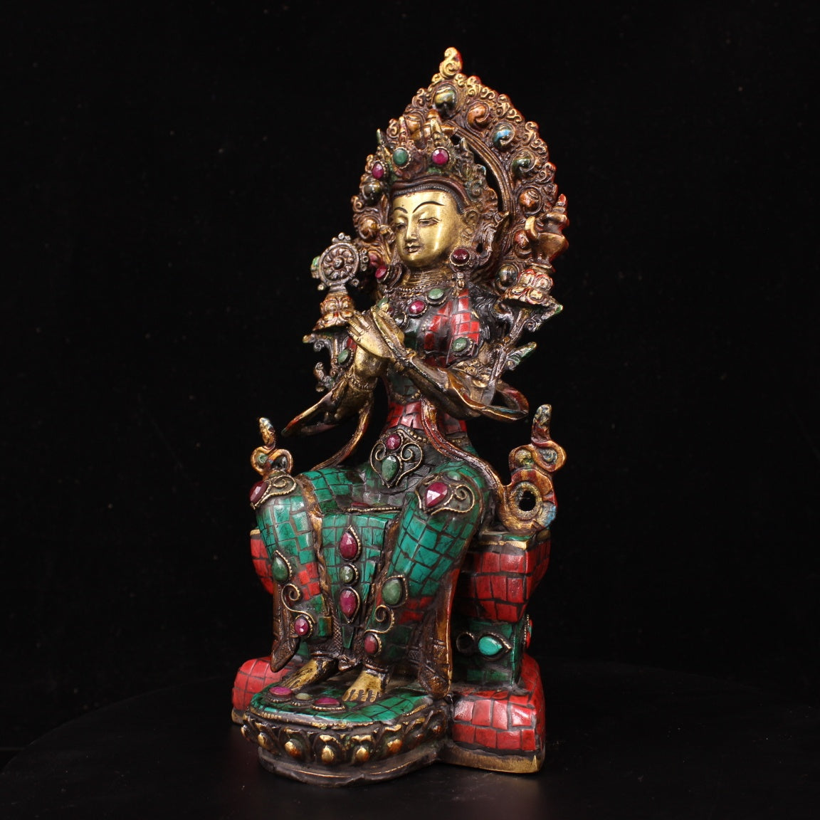 A0925 Tibetan Buddhism Gilt Gold Copper Inlay Turquoise & Gems Buddha Statue