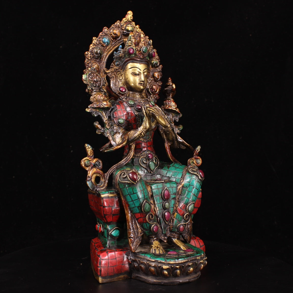 A0925 Tibetan Buddhism Gilt Gold Copper Inlay Turquoise & Gems Buddha Statue