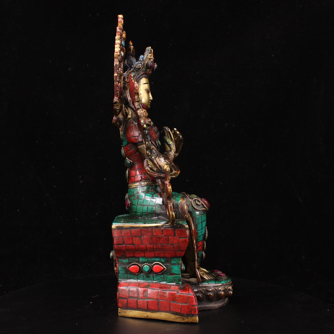 A0925 Tibetan Buddhism Gilt Gold Copper Inlay Turquoise & Gems Buddha Statue