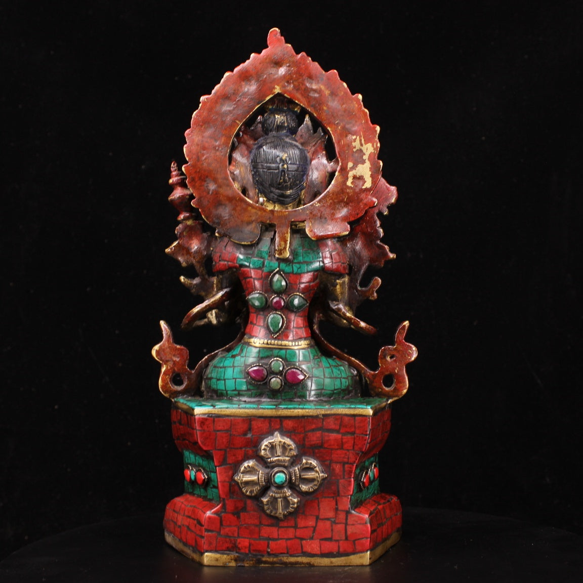 A0925 Tibetan Buddhism Gilt Gold Copper Inlay Turquoise & Gems Buddha Statue