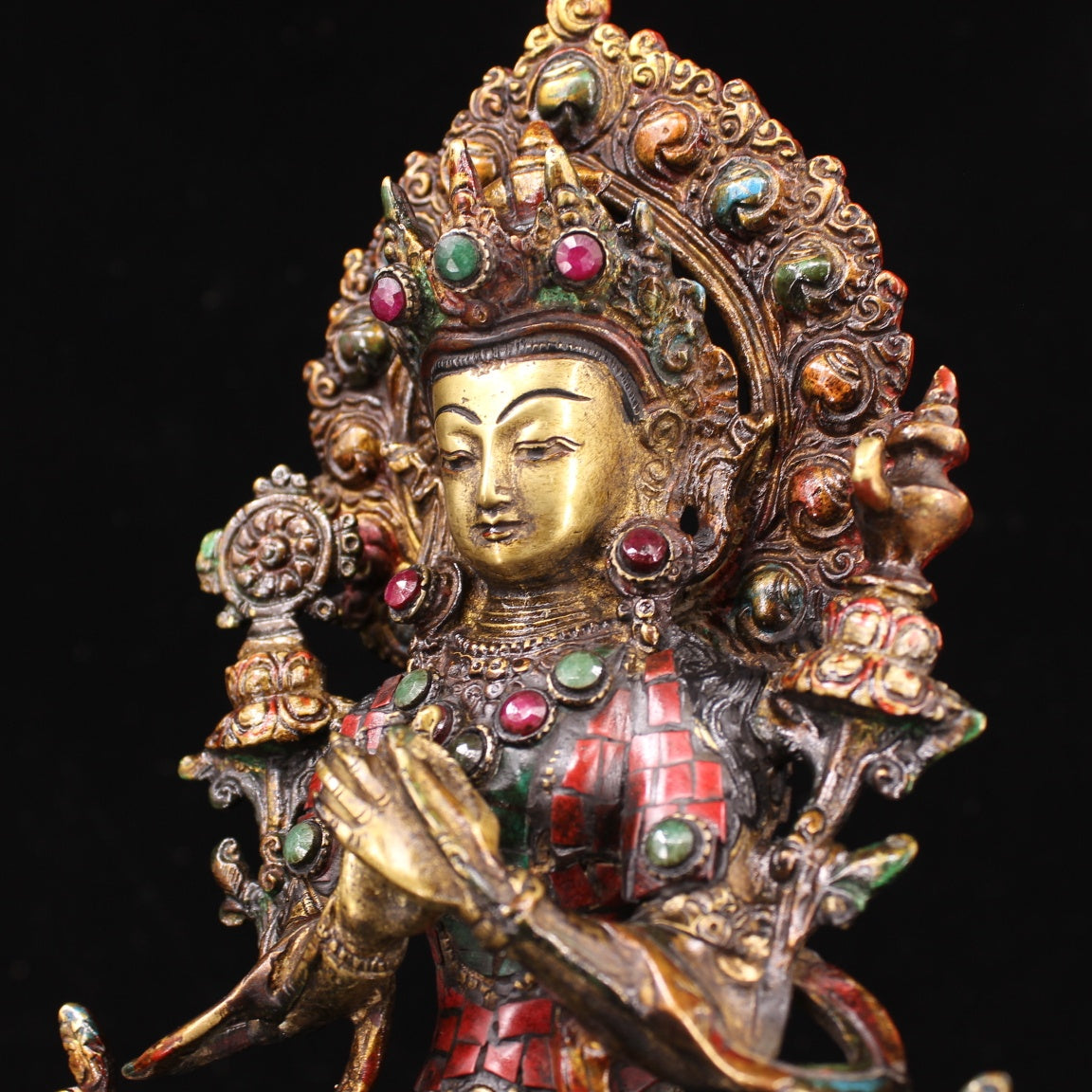 A0925 Tibetan Buddhism Gilt Gold Copper Inlay Turquoise & Gems Buddha Statue