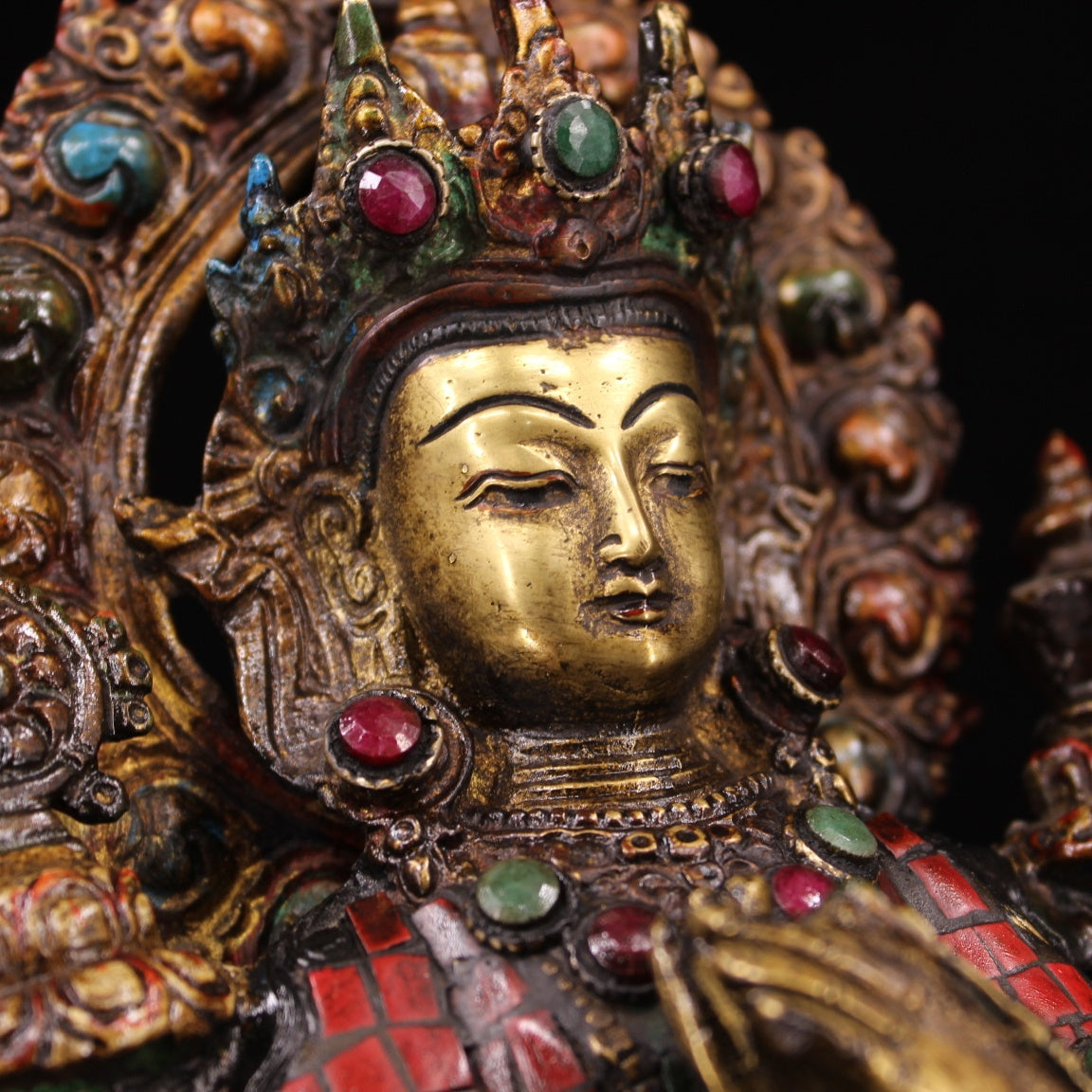 A0925 Tibetan Buddhism Gilt Gold Copper Inlay Turquoise & Gems Buddha Statue