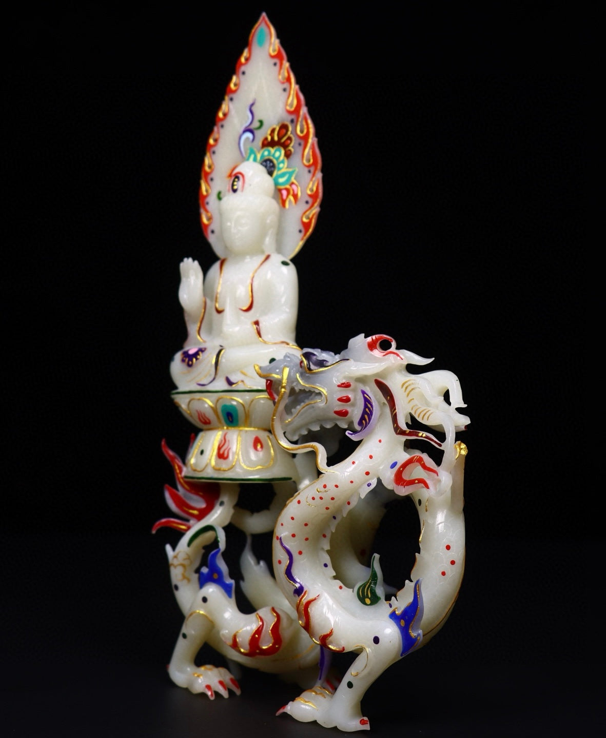 A0934 Exquisite Chinese Hetian Jade Hand Drawn Kwan-yin & Dragon Statue