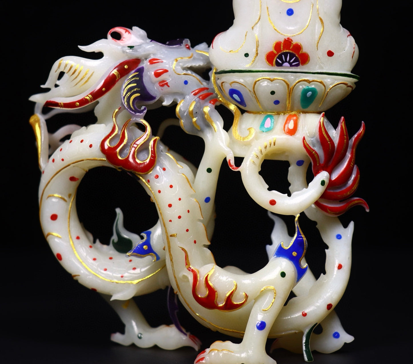 A0934 Exquisite Chinese Hetian Jade Hand Drawn Kwan-yin & Dragon Statue