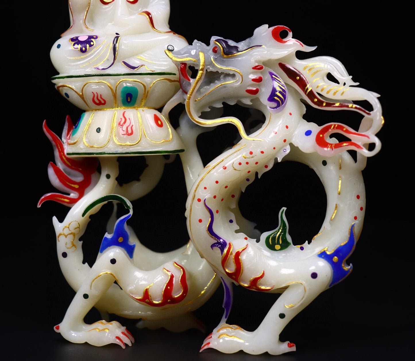 A0934 Exquisite Chinese Hetian Jade Hand Drawn Kwan-yin & Dragon Statue