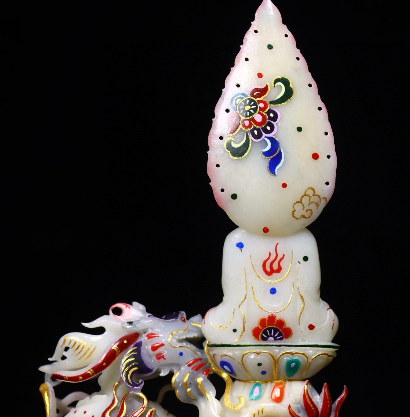 A0934 Exquisite Chinese Hetian Jade Hand Drawn Kwan-yin & Dragon Statue