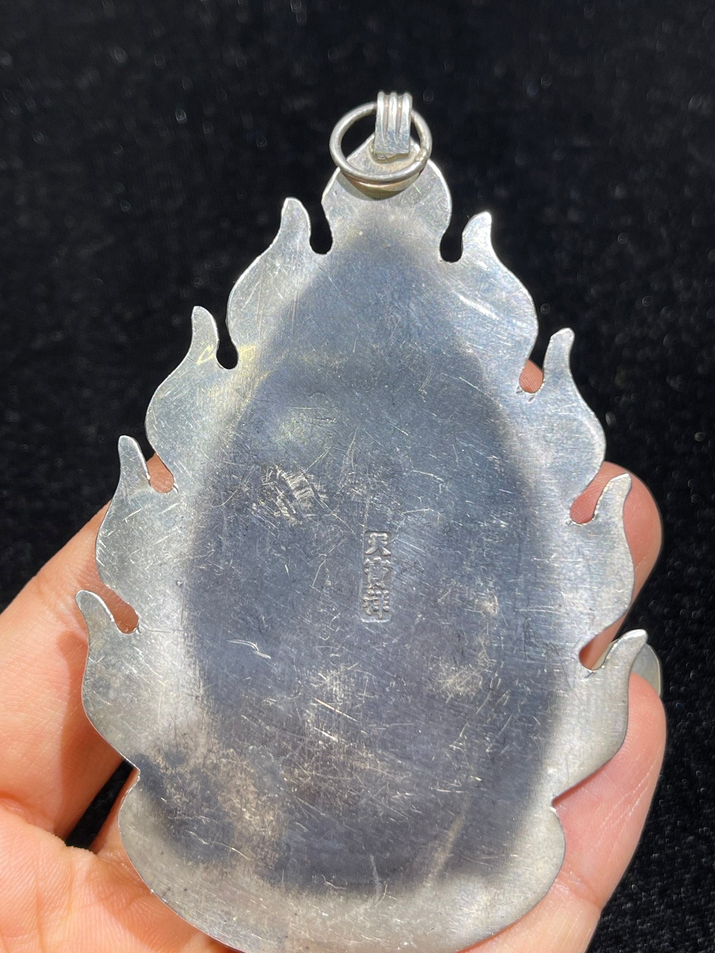 A0943 Chinese Pure Silver Inlay Hetian Jade Carved Kwan-yin Pendant