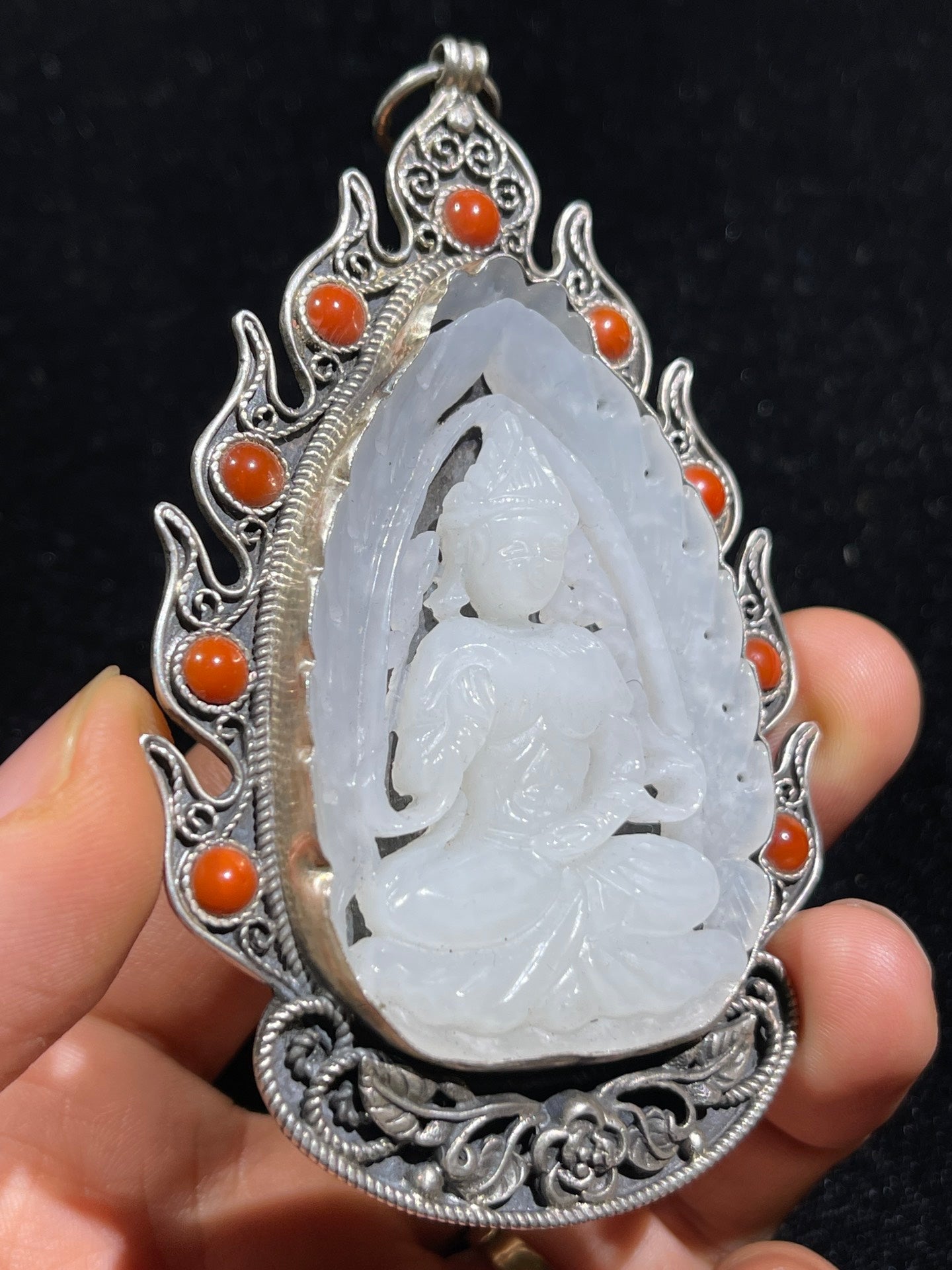A0943 Chinese Pure Silver Inlay Hetian Jade Carved Kwan-yin Pendant