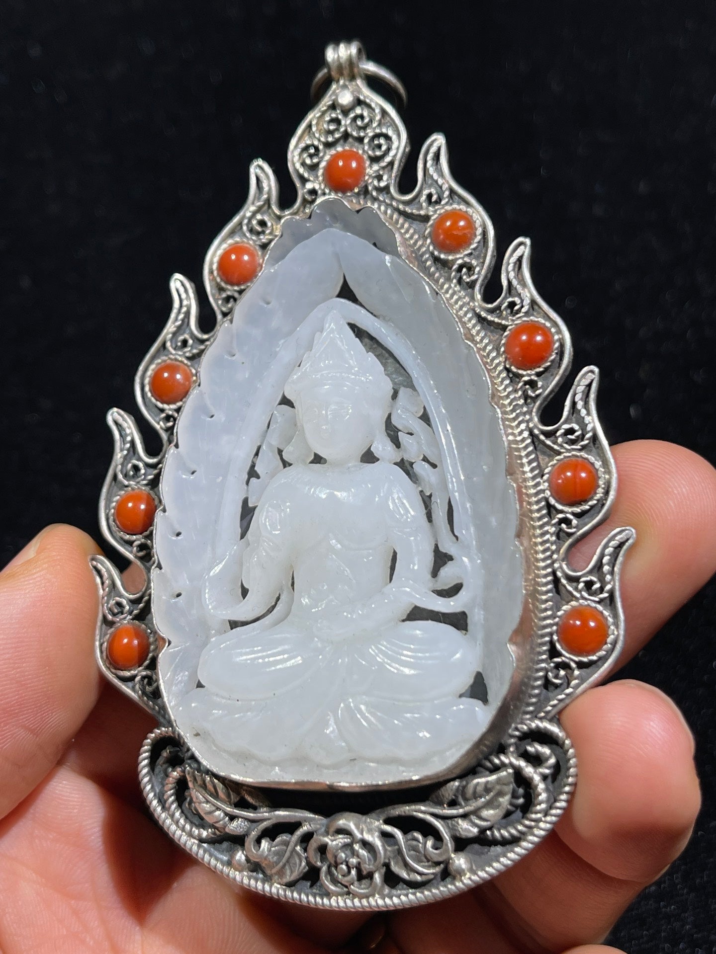 A0943 Chinese Pure Silver Inlay Hetian Jade Carved Kwan-yin Pendant