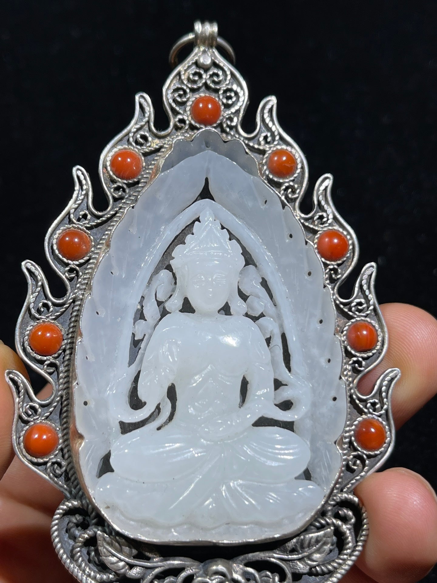 A0943 Chinese Pure Silver Inlay Hetian Jade Carved Kwan-yin Pendant