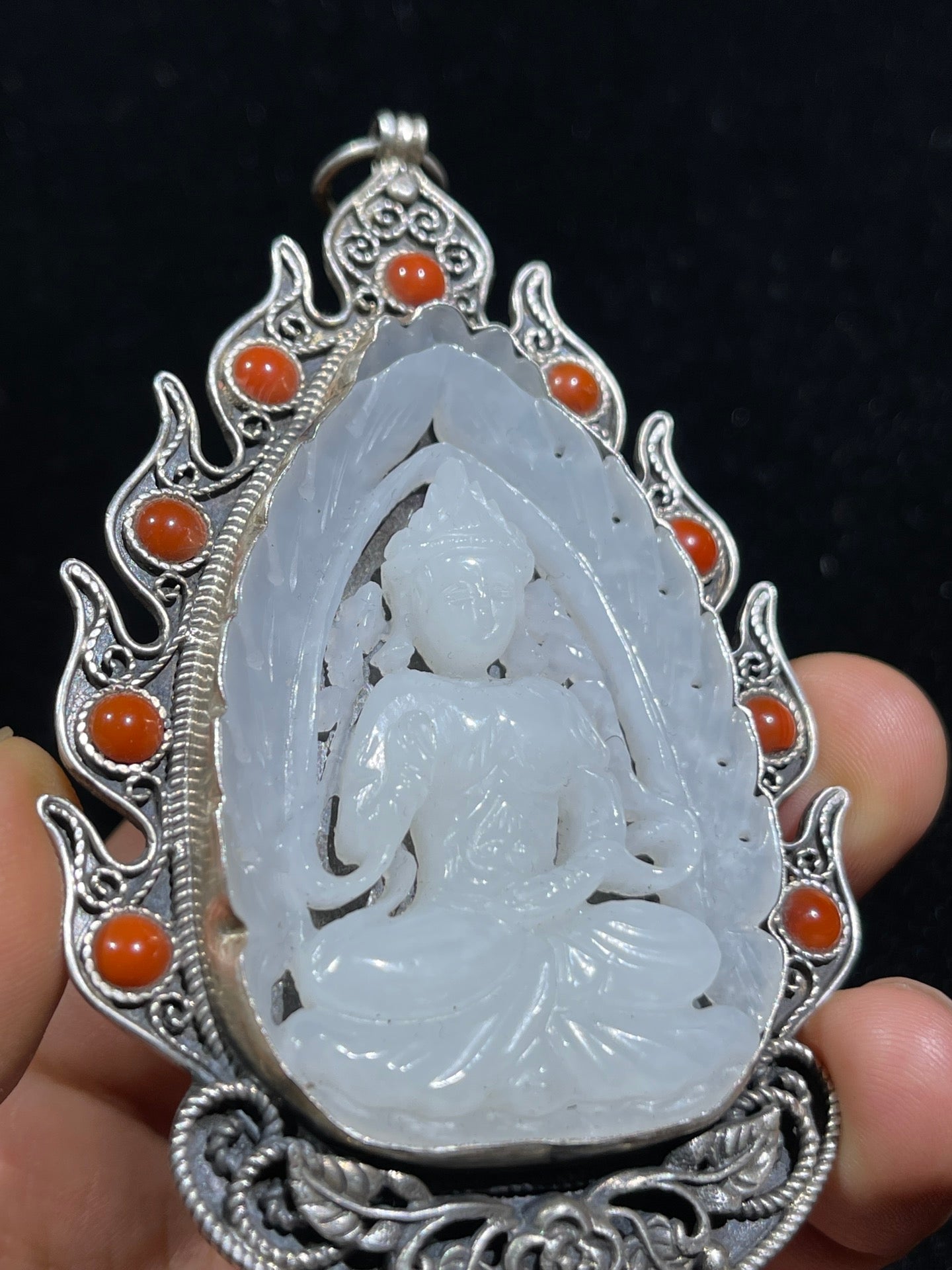 A0943 Chinese Pure Silver Inlay Hetian Jade Carved Kwan-yin Pendant