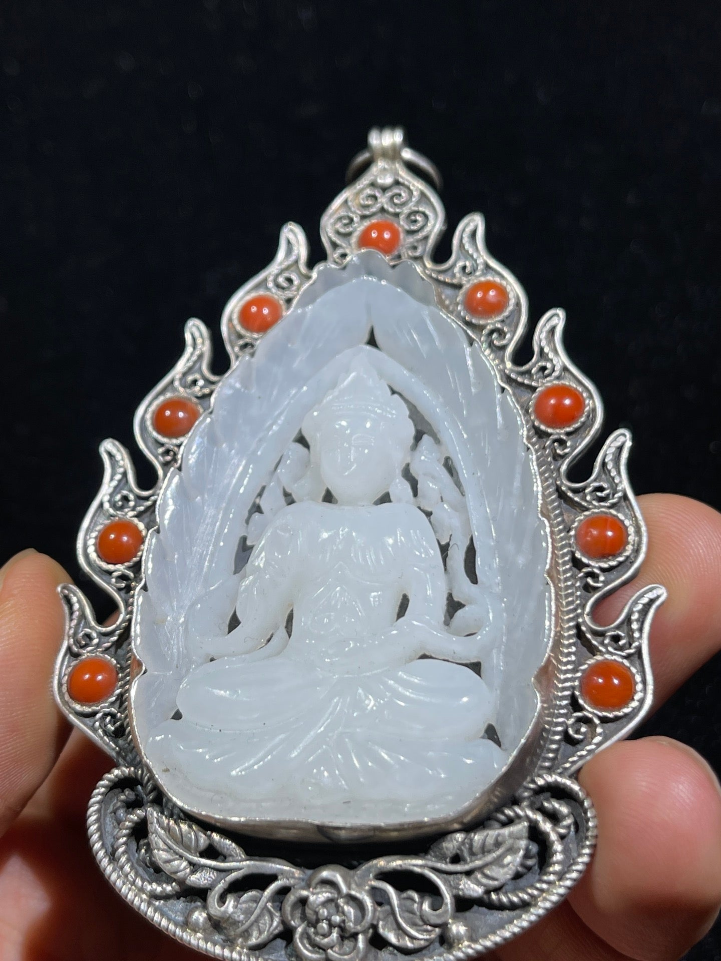 A0943 Chinese Pure Silver Inlay Hetian Jade Carved Kwan-yin Pendant