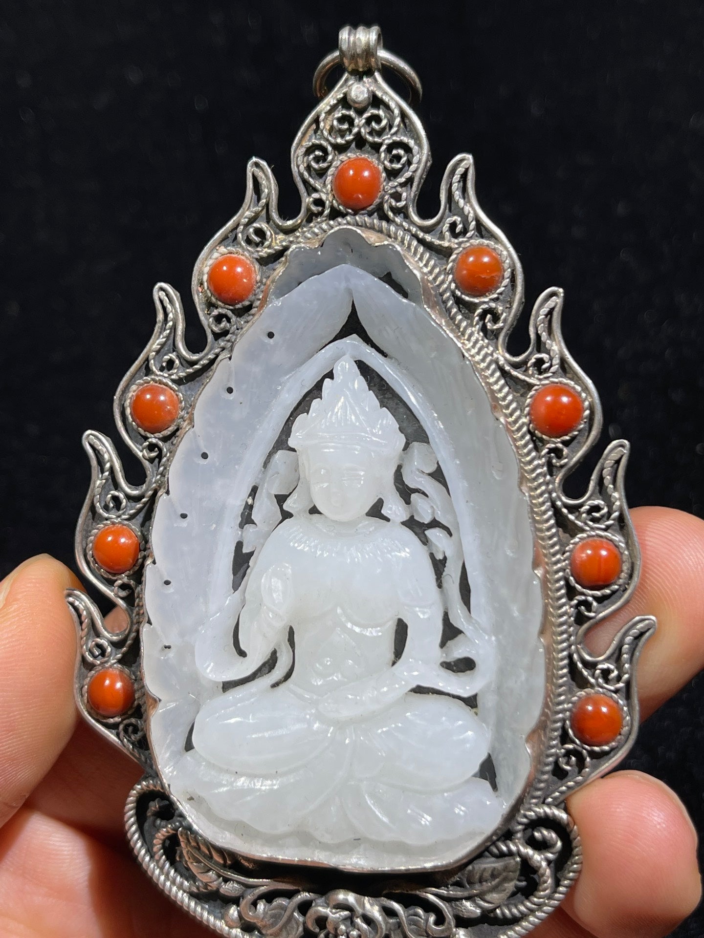A0943 Chinese Pure Silver Inlay Hetian Jade Carved Kwan-yin Pendant