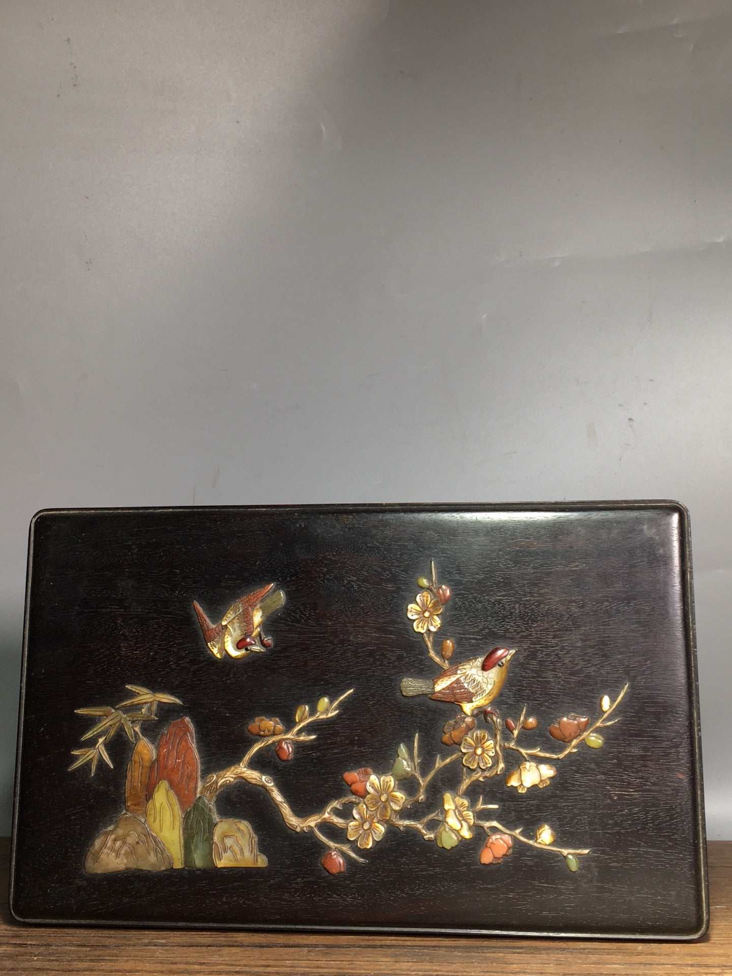 A0946 Vintage Chinese Zitan Wood Inlay Shell Plum Flower & Magpie Jewellery Box