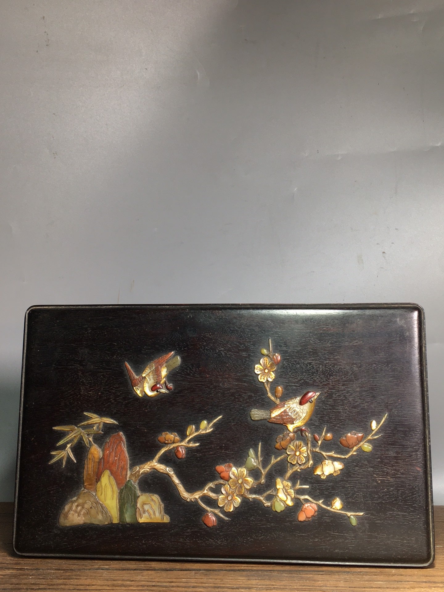 A0946 Vintage Chinese Zitan Wood Inlay Shell Plum Flower & Magpie Jewellery Box